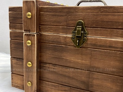 Rương gỗ viền nẹp đinh tán giả cổ 35cm (tặng ổ khoá) RUONG-GO-01